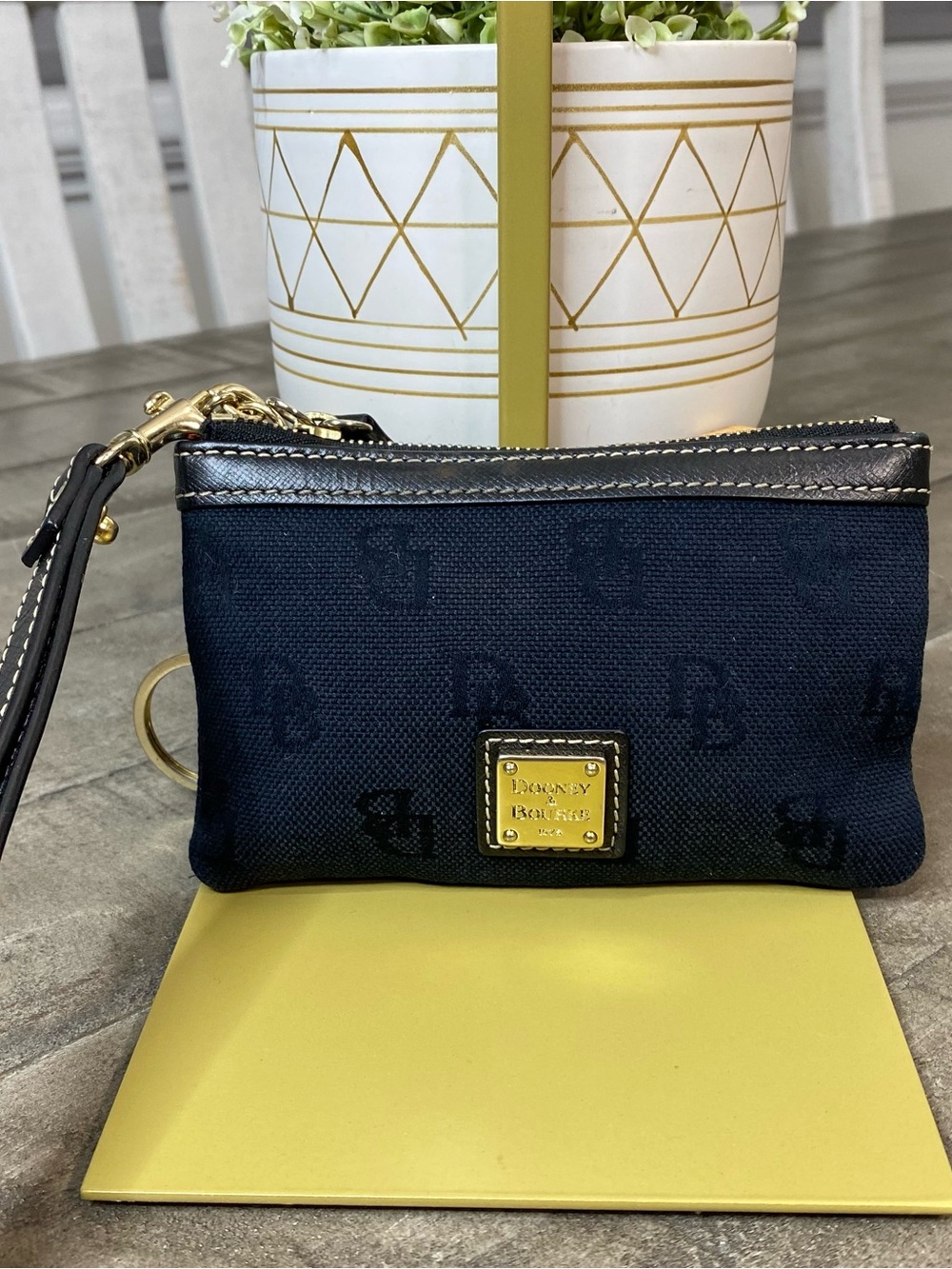 Dooney & Bourke Navy Monogram Fabric Wristlet Key Chain Coin Purse Wallet